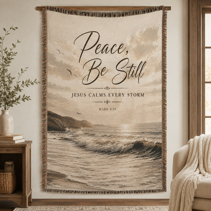 Peace Be Still Jesus Calms Every Storm woven blanket displayed as Christian wall decor