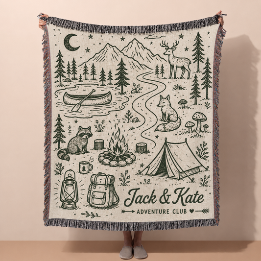 Personalized woodland adventure woven blanket with custom names, camping doodles and fringe