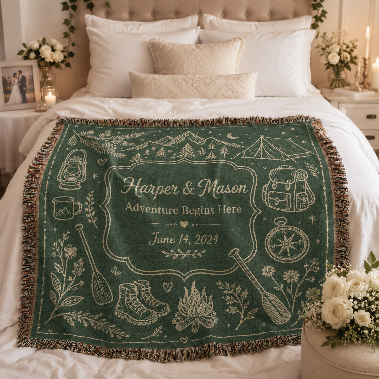 Personalized adventure wedding woven blanket styled across a romantic bedroom bed