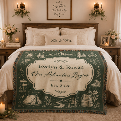 Personalized adventure wedding woven blanket styled across a romantic bedroom bed