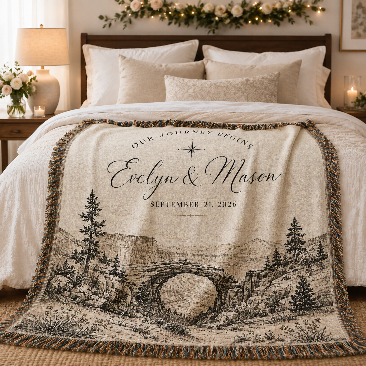 Personalized adventure wedding woven blanket styled across a romantic bedroom bed