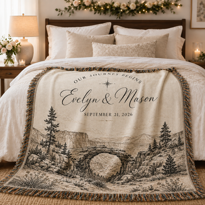Personalized adventure wedding woven blanket styled across a romantic bedroom bed