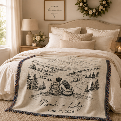 Personalized adventure wedding woven blanket styled across a romantic bedroom bed