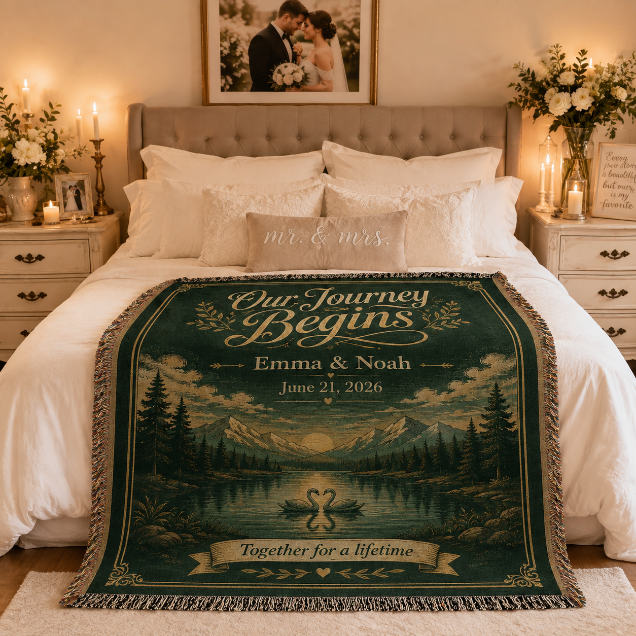 Personalized adventure wedding woven blanket styled across a romantic newlywed bedroom