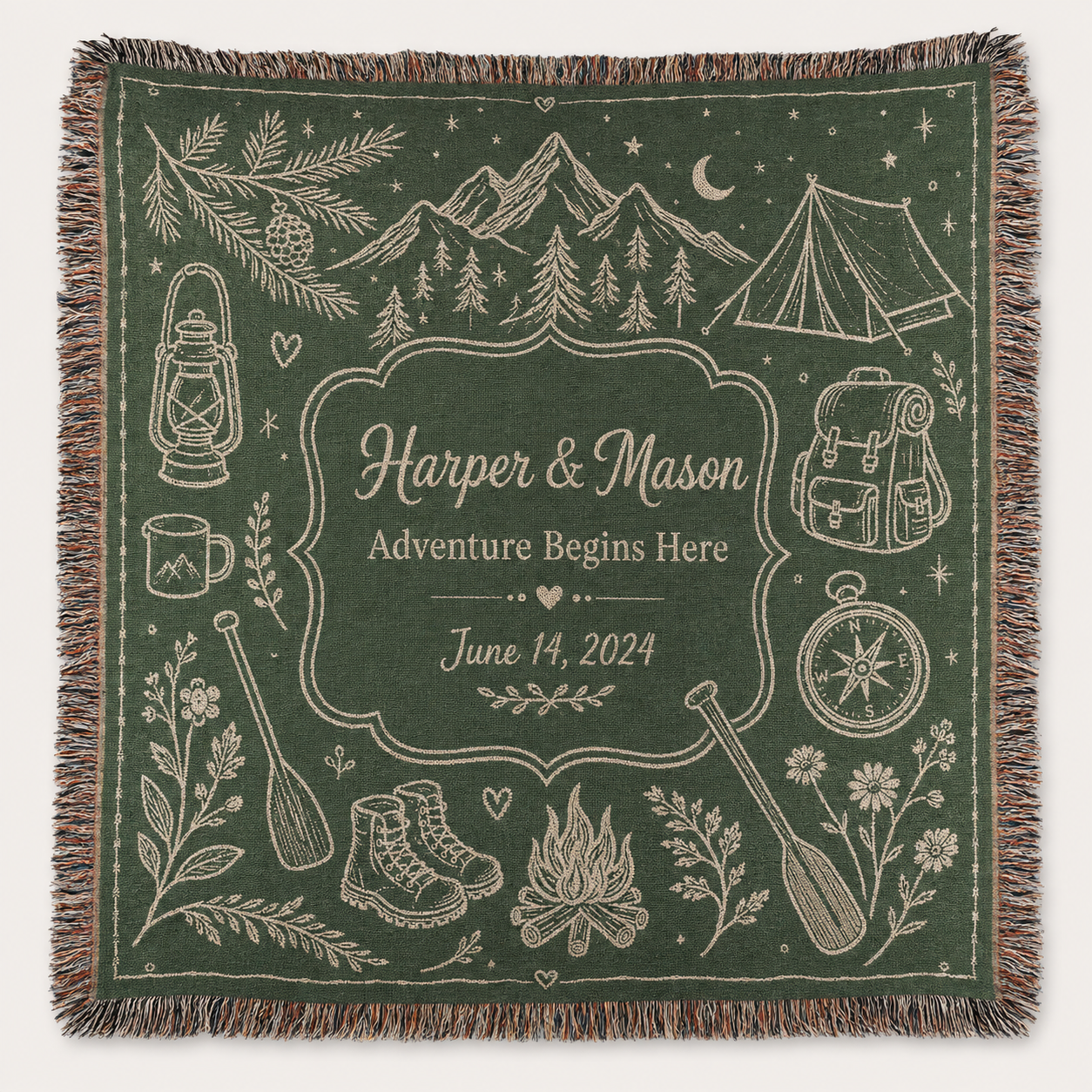 Personalized adventure wedding woven blanket with couple names and date, forest green camping design