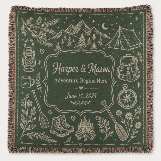 Personalized adventure wedding woven blanket with couple names and date, forest green camping design