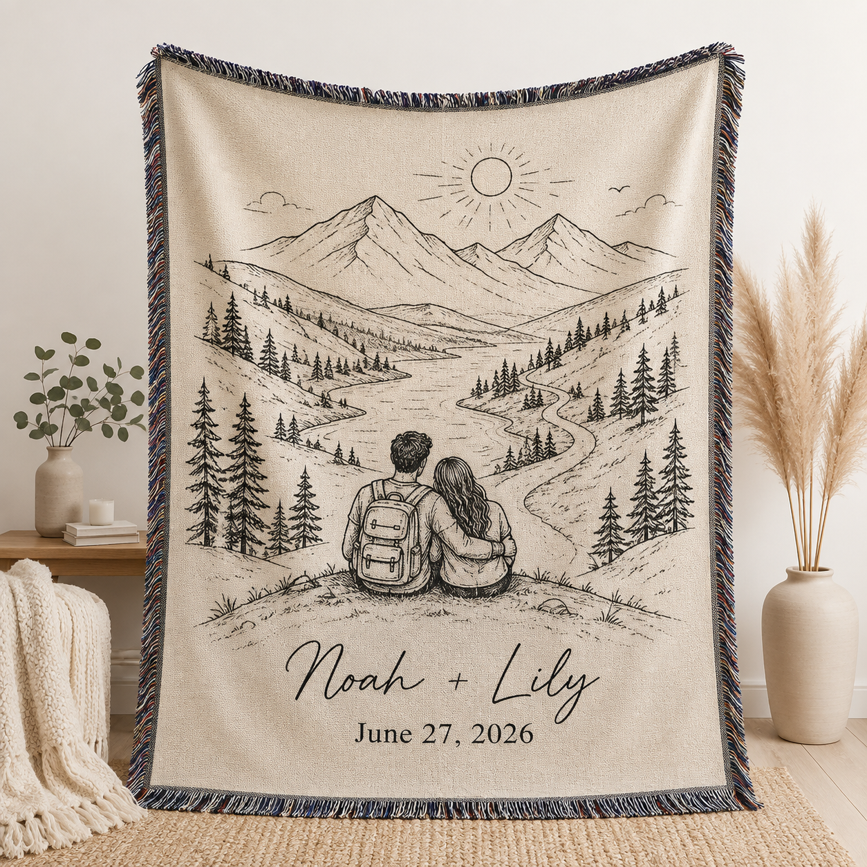 Personalized adventure wedding woven blanket with couple names, mountain valley and pine tree line art