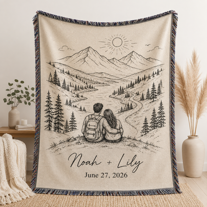 Personalized adventure wedding woven blanket with couple names, mountain valley and pine tree line art