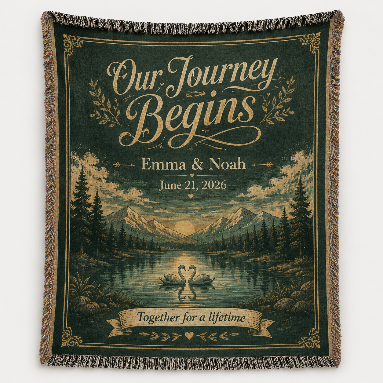 Personalized adventure wedding woven blanket with Emma and Noah, mountain lake swans and wedding date