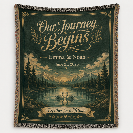Personalized adventure wedding woven blanket with Emma and Noah, mountain lake swans and wedding date