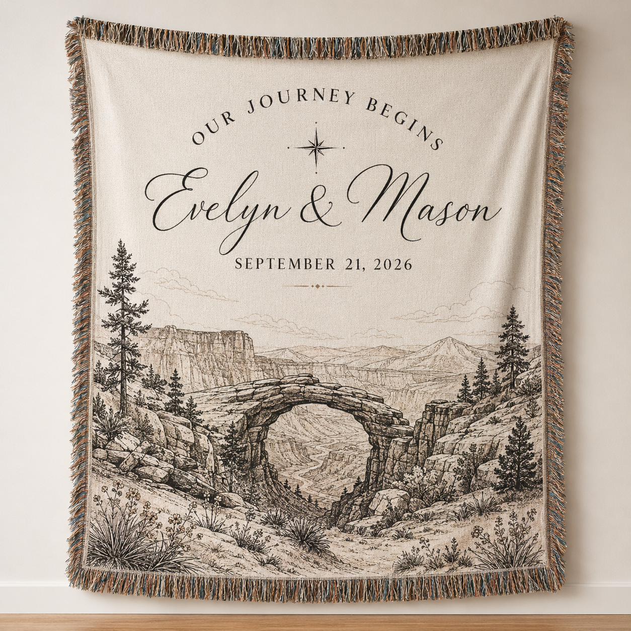 Personalized adventure wedding woven blanket with Evelyn and Mason names and canyon arch landscape