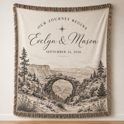 Personalized adventure wedding woven blanket with Evelyn and Mason names and canyon arch landscape