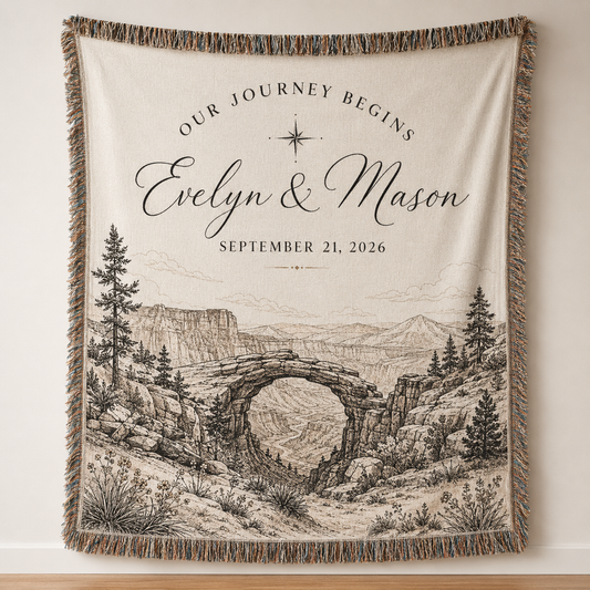 Personalized adventure wedding woven blanket with Evelyn and Mason names and canyon arch landscape