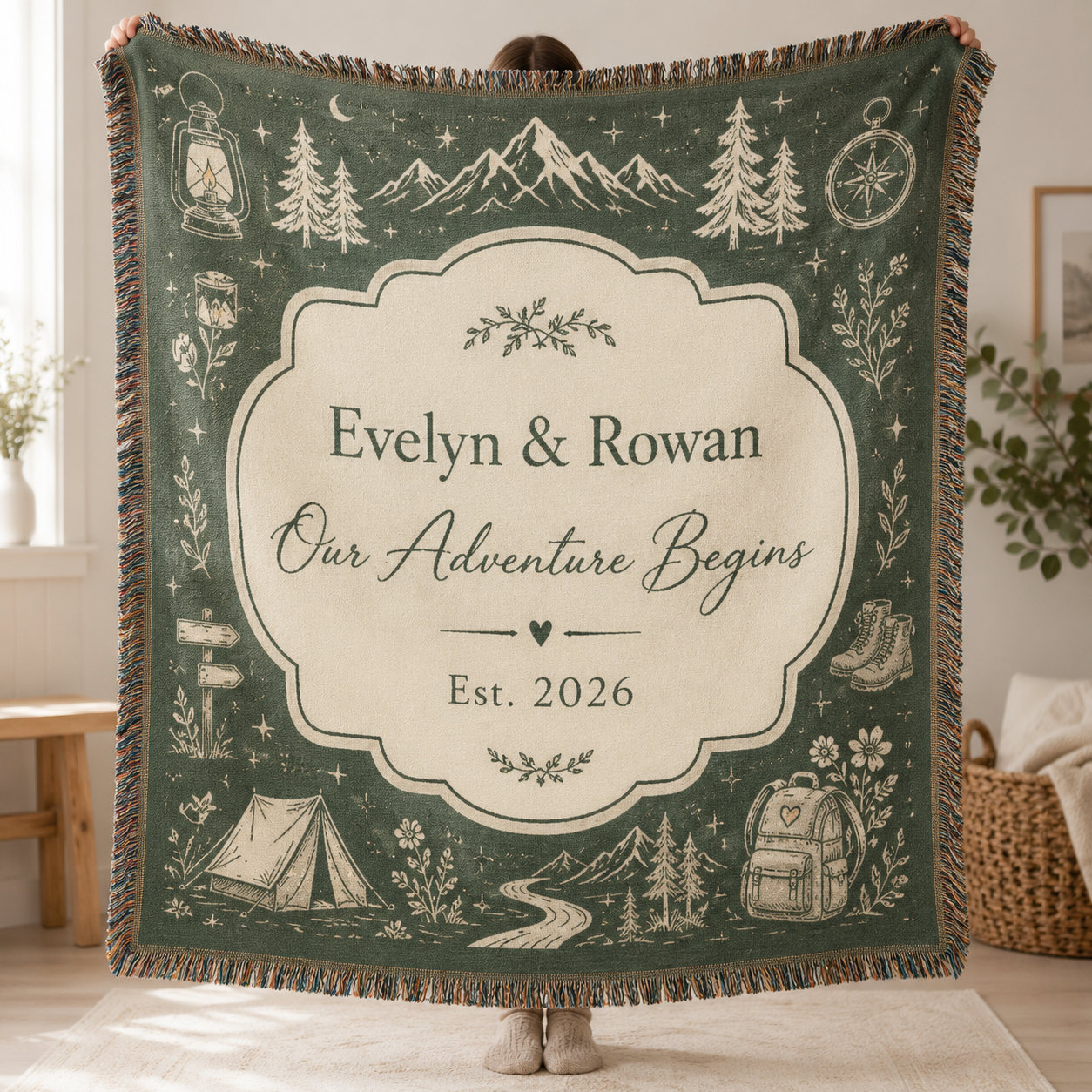 Personalized adventure wedding woven blanket with custom couple names and established year