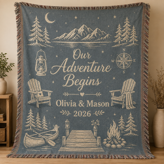 Personalized adventure wedding woven blanket with mountains, canoe, campfire, custom couple names and year