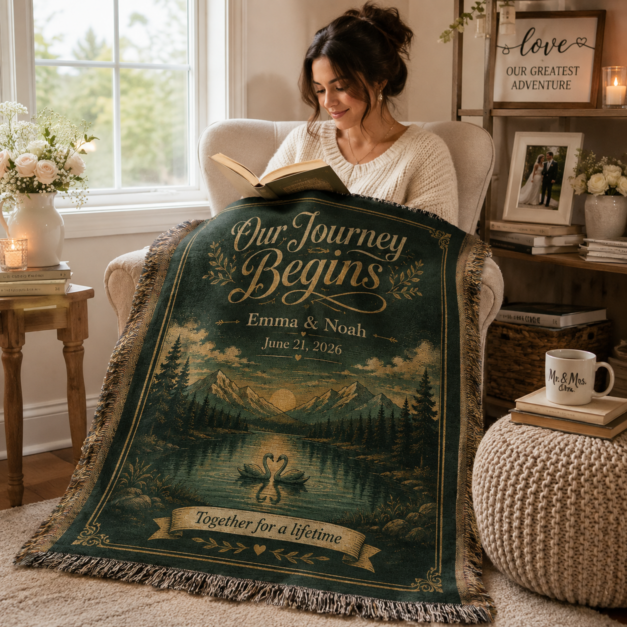 Personalized adventure wedding woven blanket used in a cozy reading nook