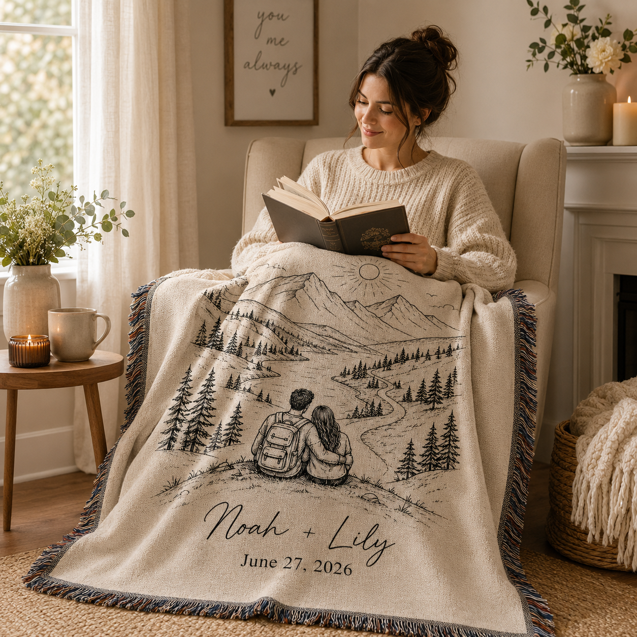 Personalized adventure wedding woven blanket used in a cozy reading nook