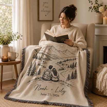Personalized adventure wedding woven blanket used in a cozy reading nook