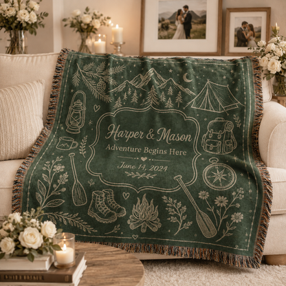 Personalized adventure wedding woven blanket draped softly on a cream sofa