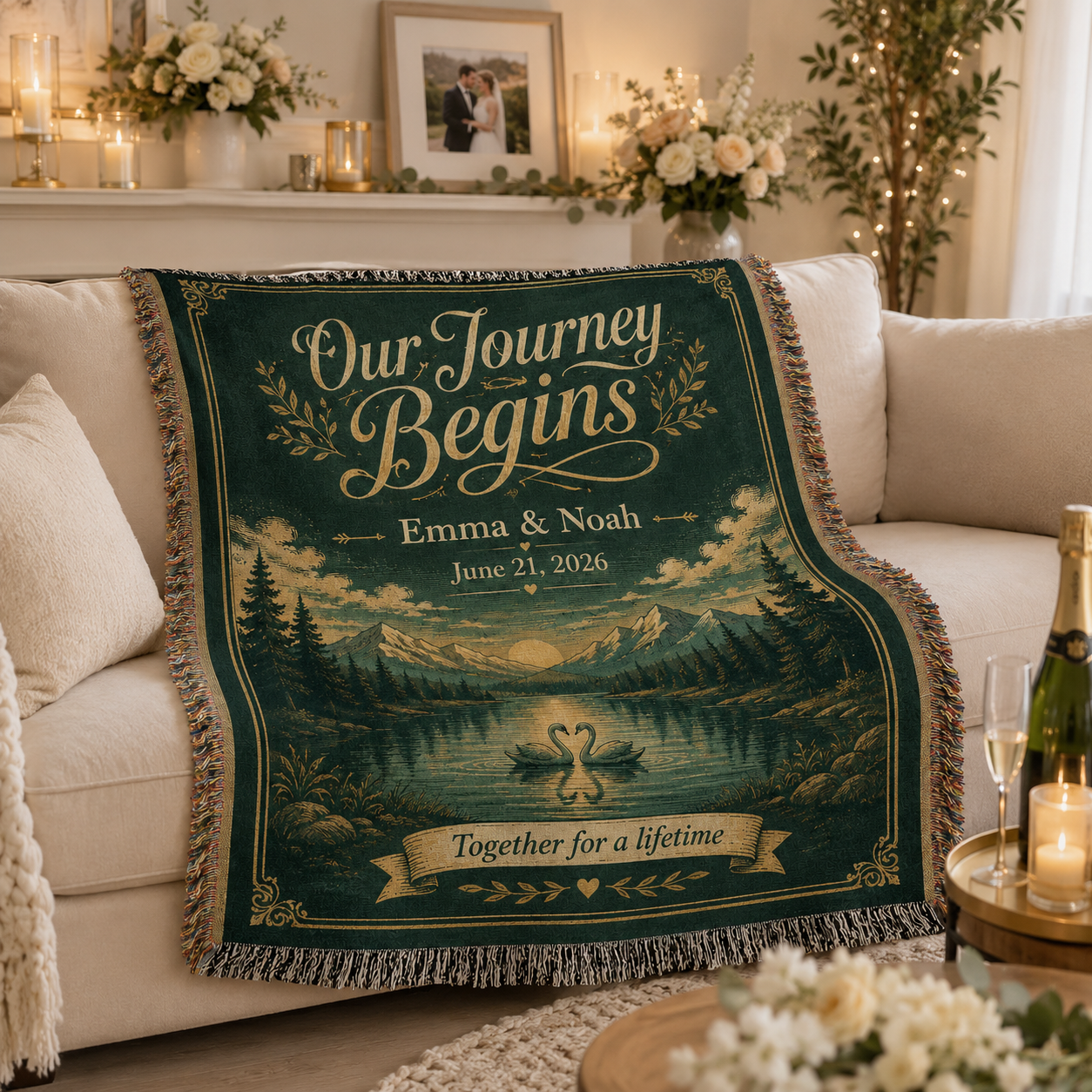 Personalized adventure wedding woven blanket softly draped on a cream sofa