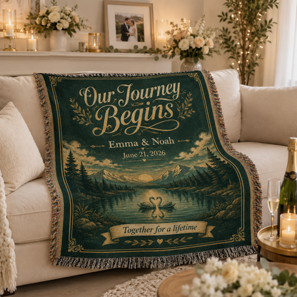 Personalized adventure wedding woven blanket softly draped on a cream sofa