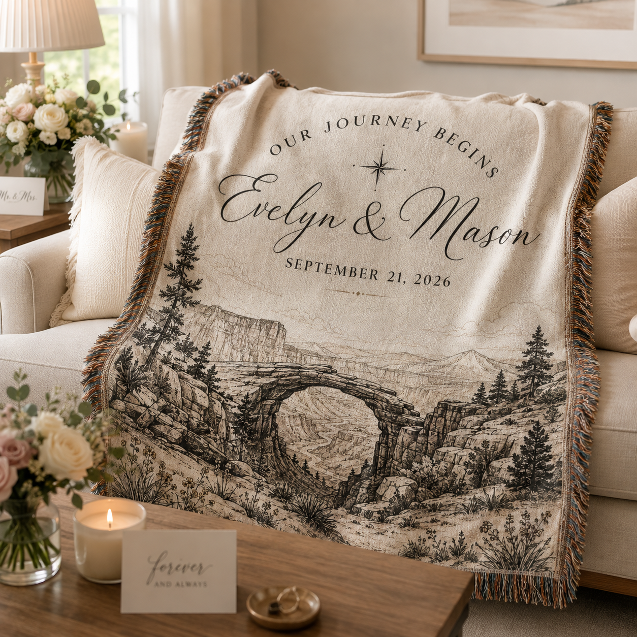 Personalized adventure wedding woven blanket softly draped on a neutral sofa