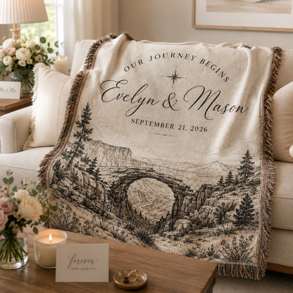 Personalized adventure wedding woven blanket softly draped on a neutral sofa