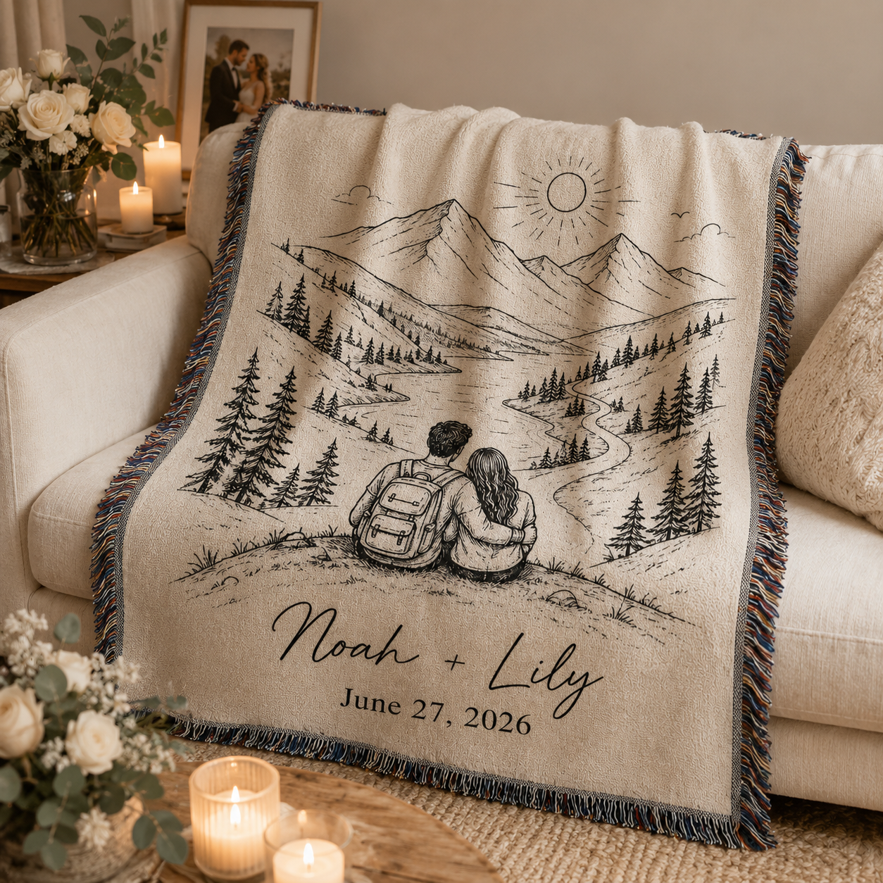 Personalized adventure wedding woven blanket softly draped on a neutral sofa