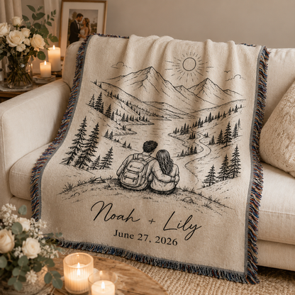 Personalized adventure wedding woven blanket softly draped on a neutral sofa