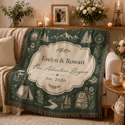 Personalized adventure wedding woven blanket softly draped on a cozy sofa