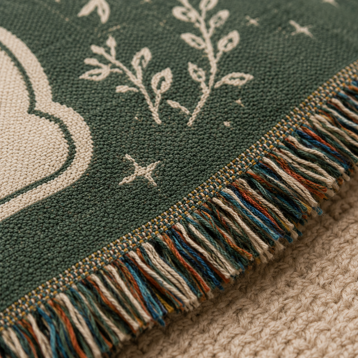 Macro woven texture and multicolor fringe detail of personalized adventure wedding blanket