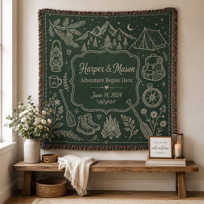 Personalized adventure wedding woven blanket displayed as rustic wall decor
