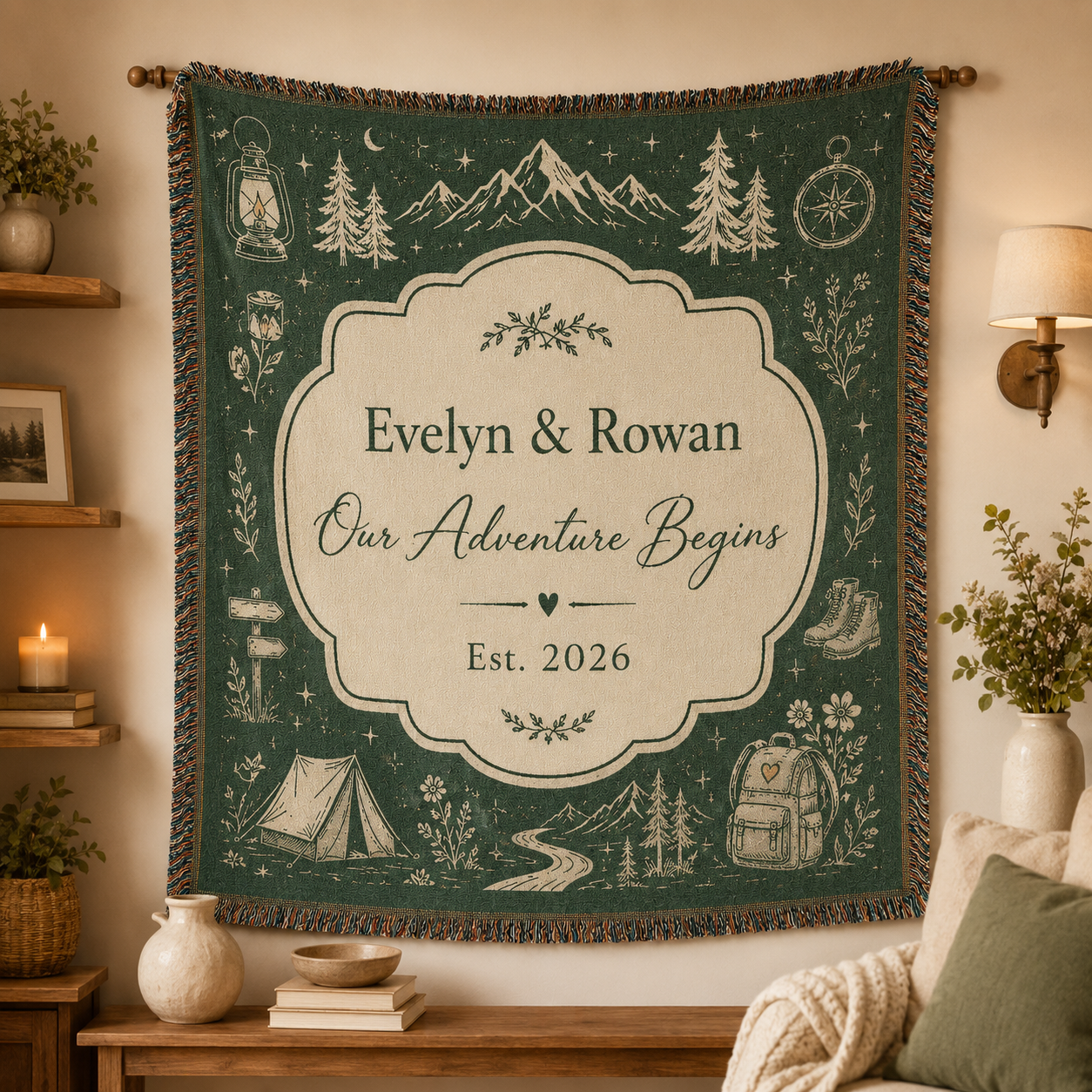Personalized adventure wedding woven blanket displayed as woven wall decor