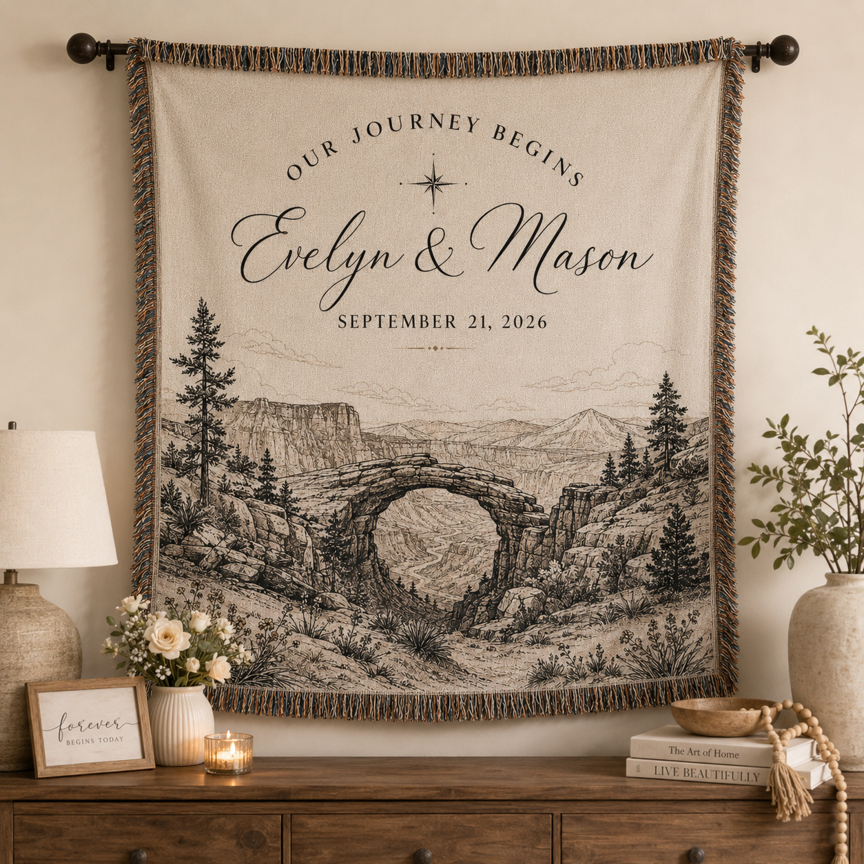 Personalized adventure wedding woven blanket displayed as wall decor above a wooden console