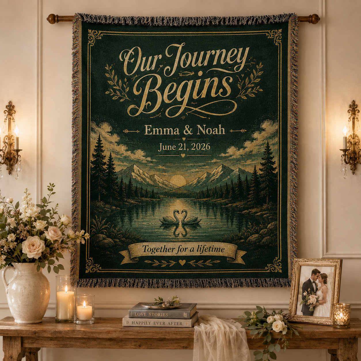 Personalized adventure wedding woven blanket displayed as romantic wall decor