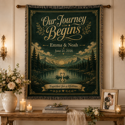 Personalized adventure wedding woven blanket displayed as romantic wall decor