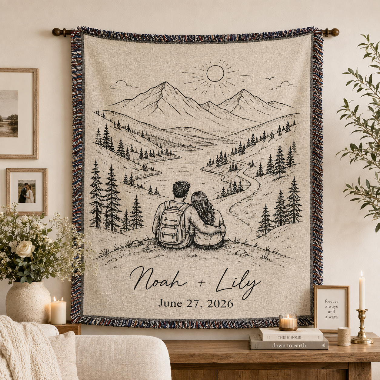 Personalized adventure wedding woven blanket displayed as romantic wall decor