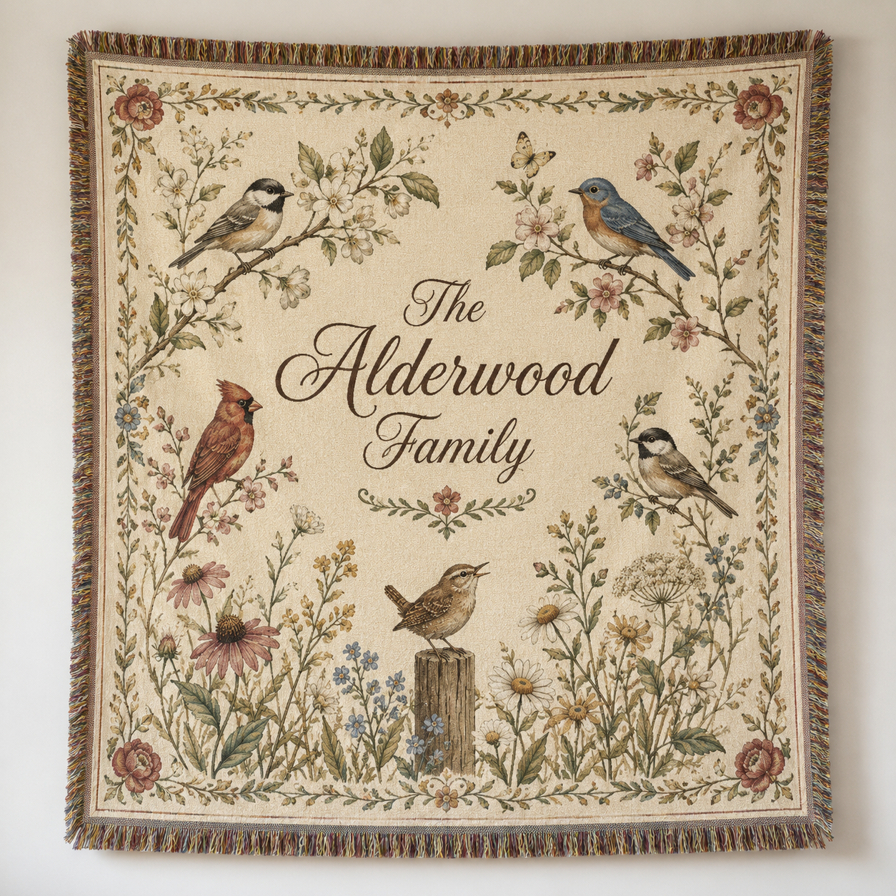Personalized Alderwood family bird and wildflower woven blanket