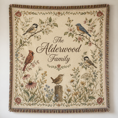 Personalized Alderwood family bird and wildflower woven blanket