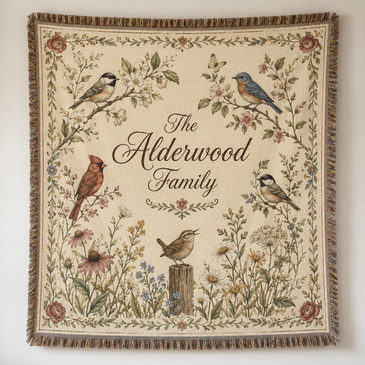 Personalized Alderwood family bird and wildflower woven blanket
