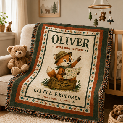 Personalized baby fox Little Explorer woven blanket close-up in a nursery