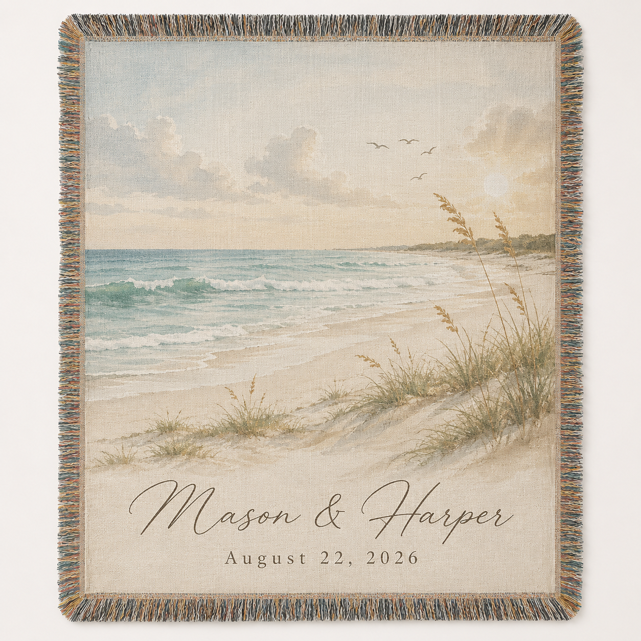 Personalized beach wedding woven blanket with custom couple names and wedding date