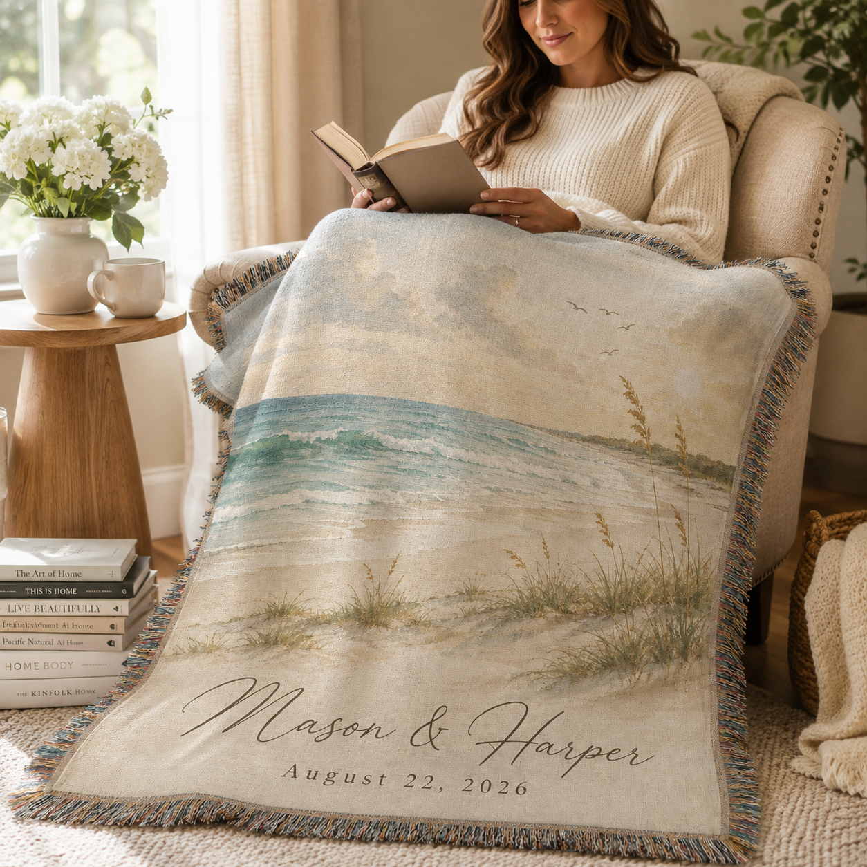 Personalized coastal wedding woven blanket used in a cozy reading nook