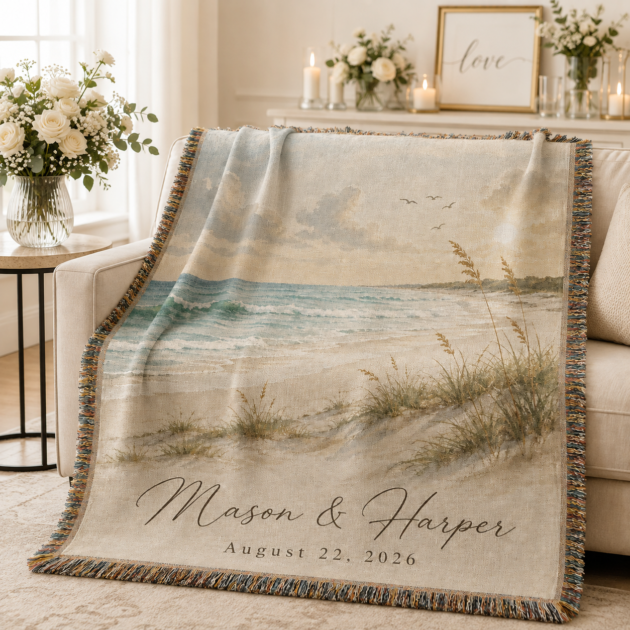 Personalized coastal wedding woven blanket softly draped on a sofa