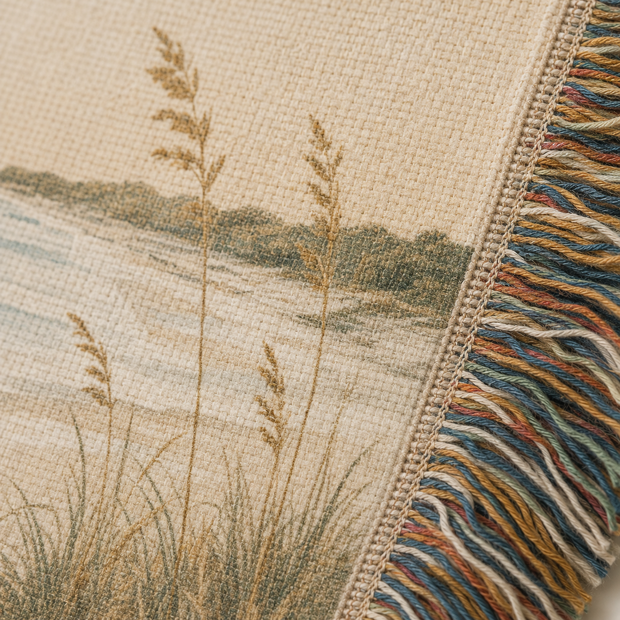 Macro view of woven cotton texture and multicolor fringe on personalized beach wedding blanket