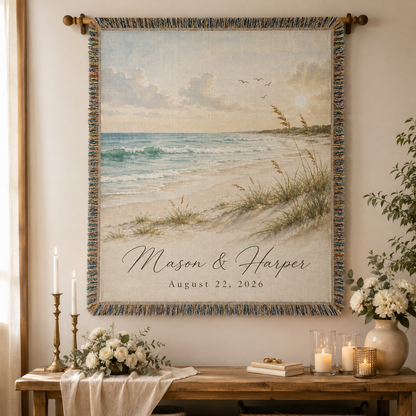 Personalized beach wedding woven blanket displayed as coastal wall decor