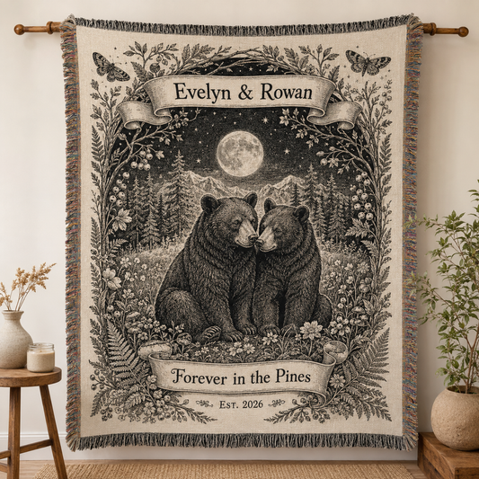 Personalized bear wedding woven blanket with couple names and established year