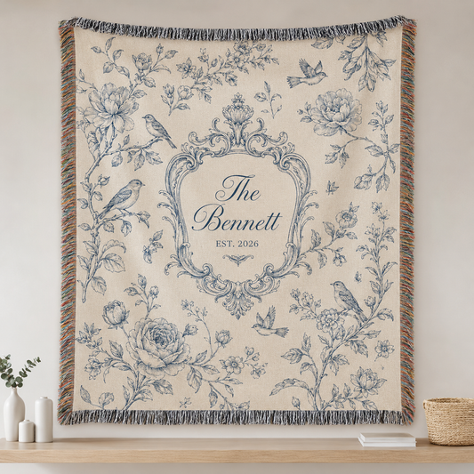 Personalized Bennett vintage floral wedding woven blanket with blue botanical birds and fringe