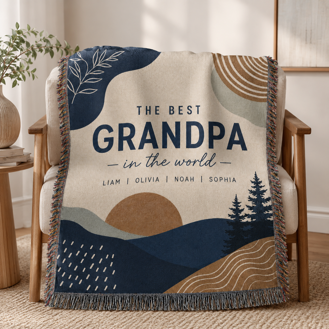 Personalized Best Grandpa woven blanket draped over a modern armchair