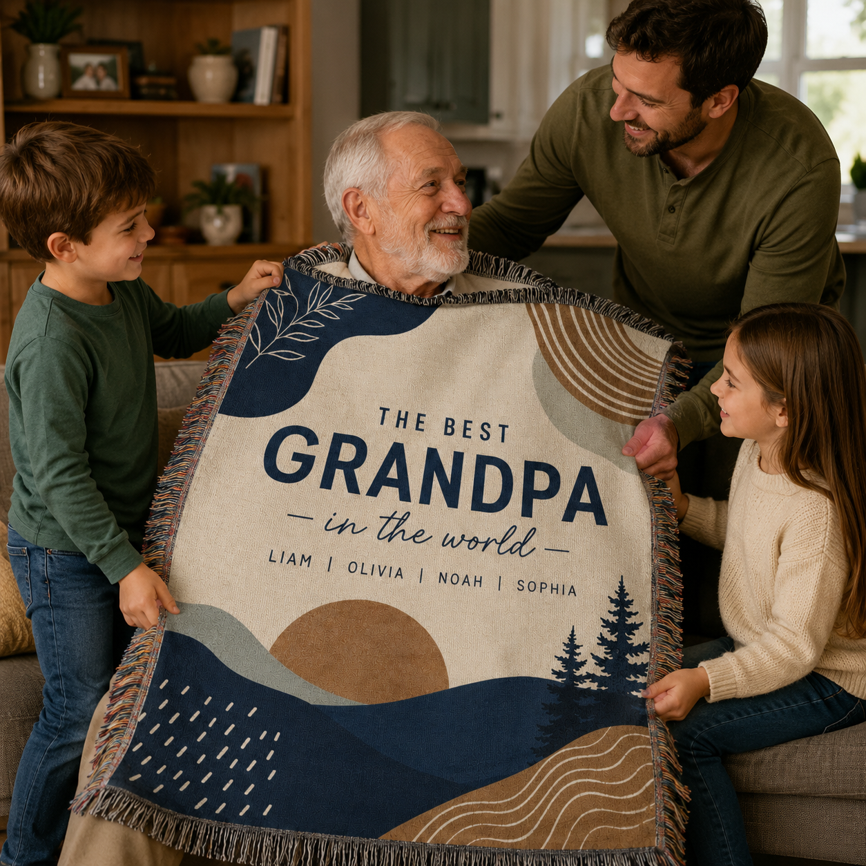 Family presenting a personalized Best Grandpa woven blanket as a meaningful gift